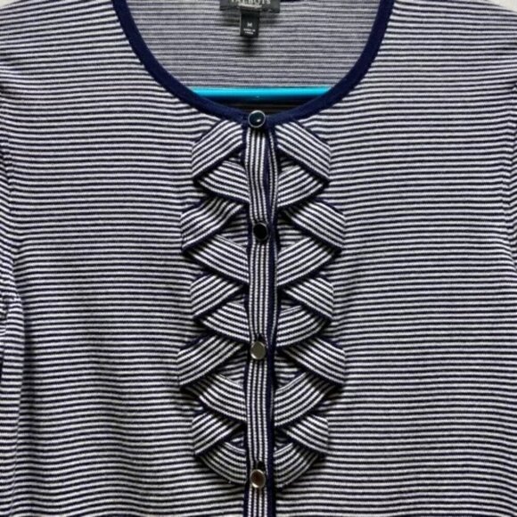 Talbots Ladies Button Front Ruffle Cardigan Medium Navy White Stripe 3/4 Sleeve - Picture 4 of 13